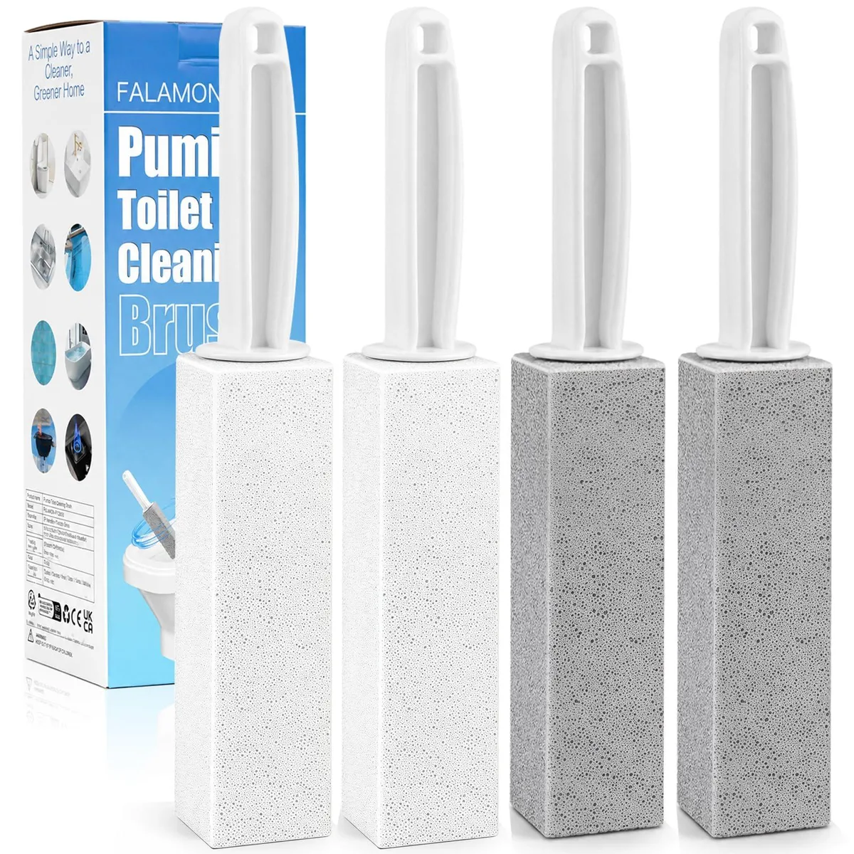 Four pumice cleaning stones with handles, two grey two white, rectangular blocks 5.3 by 1.5 inches