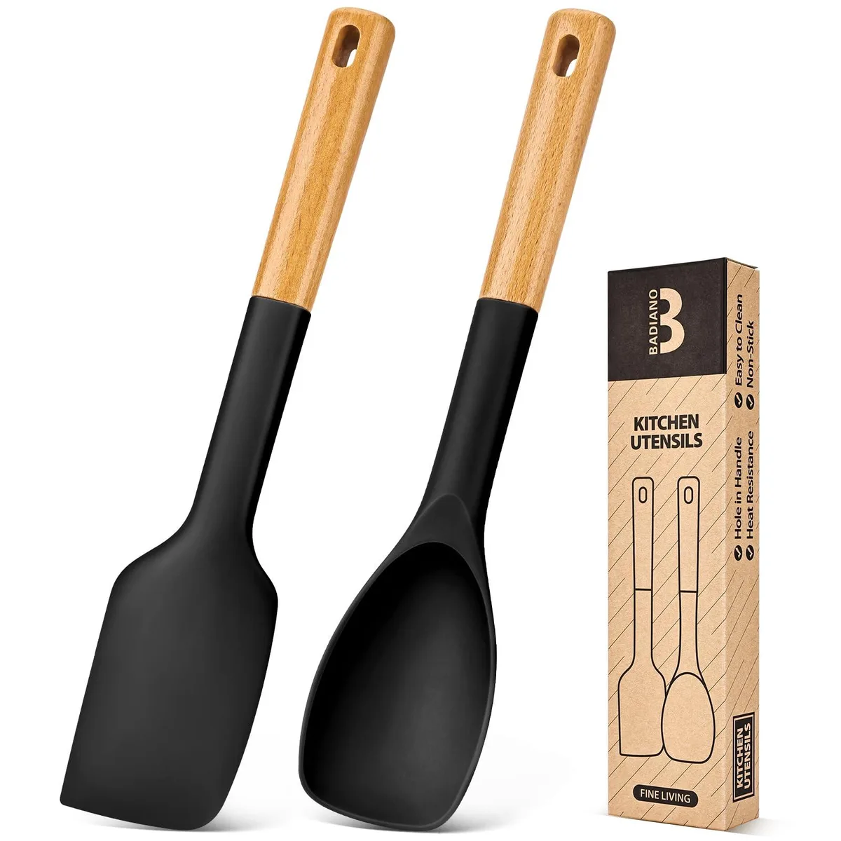 Two black silicone spatulas with wooden handles, 11.4 inches long