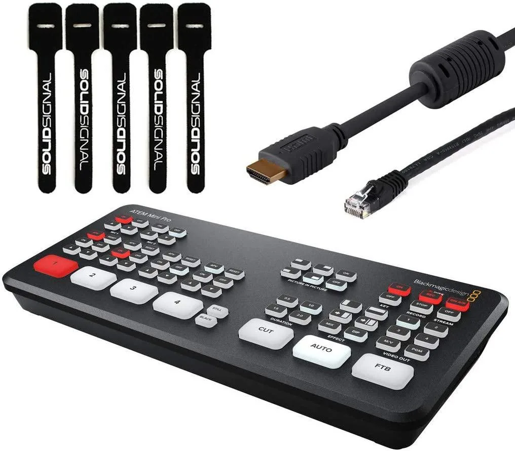 Blackmagic Design ATEM Mini Pro switcher with HDMI and Cat5e cables and cable ties