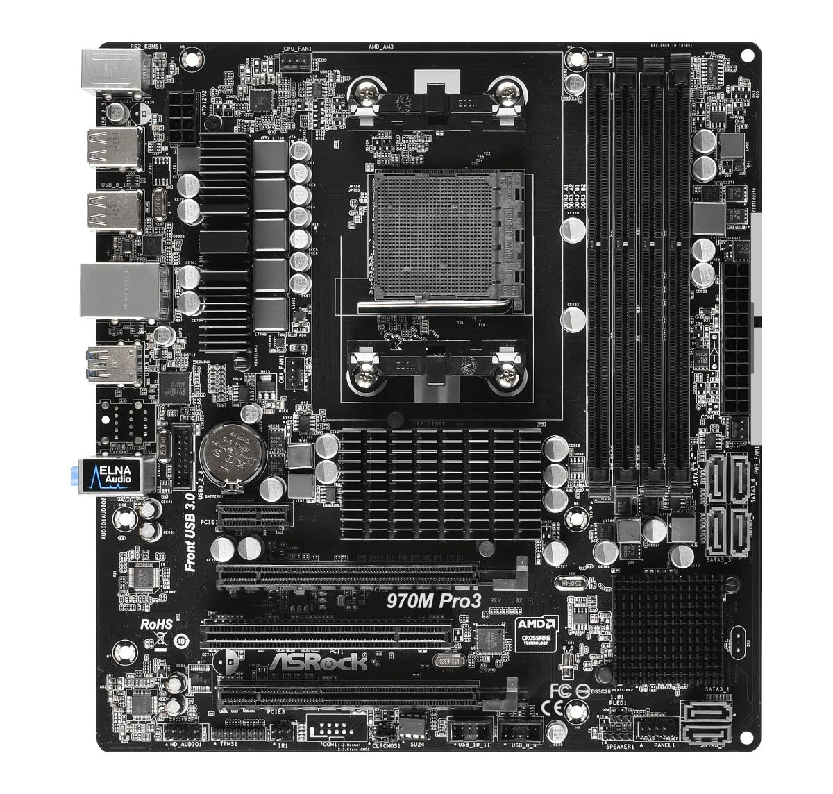 ASRock ASRock 970M Pro3 AMD motherboard AM3+ DDR3 2400+(OC) 2 PCIe 2.0 x16 6 SATA3 4 USB 3.1 Gen1 — product photo