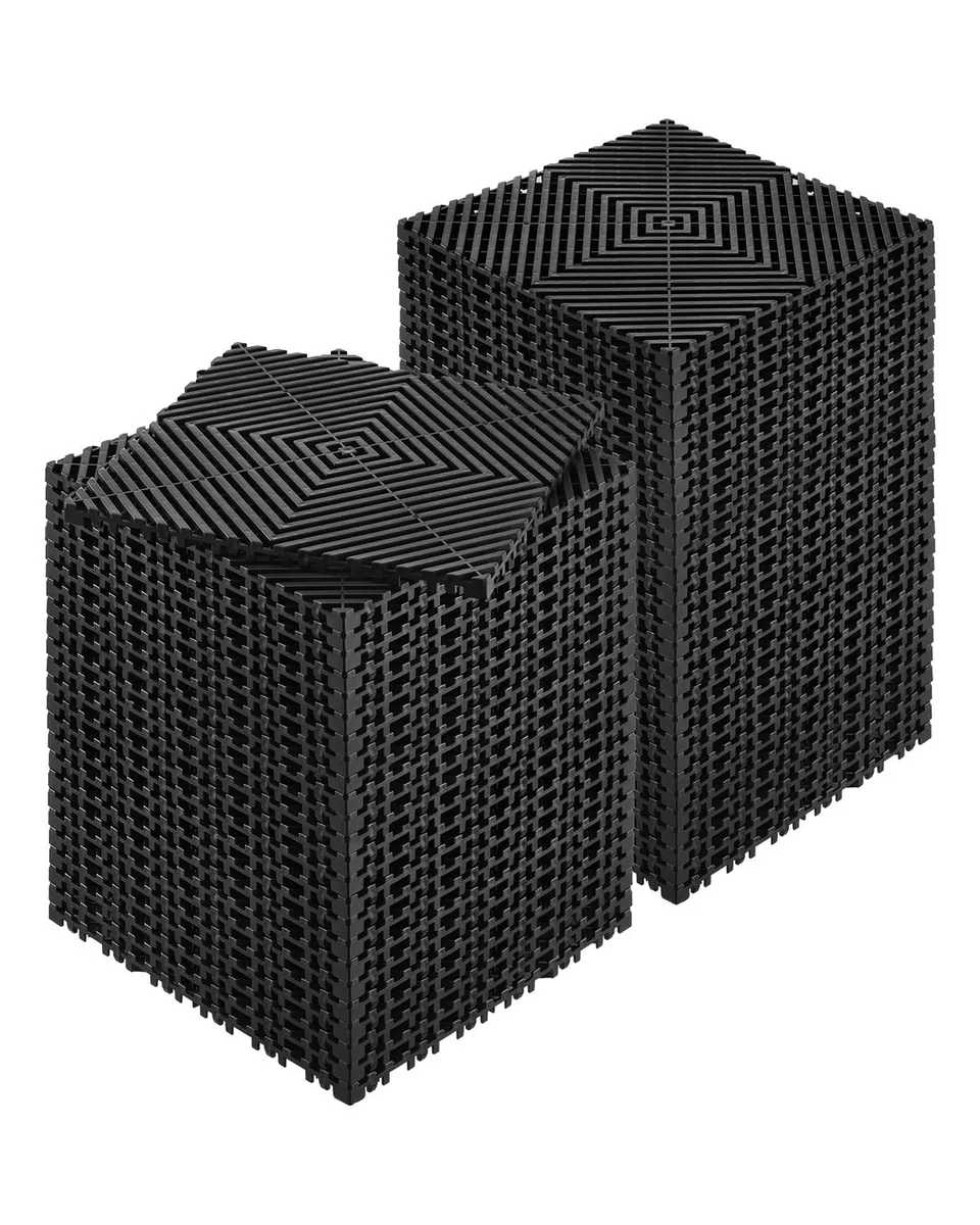 Fifty-five black interlocking drainage tiles with raised grid surface and locking tabs