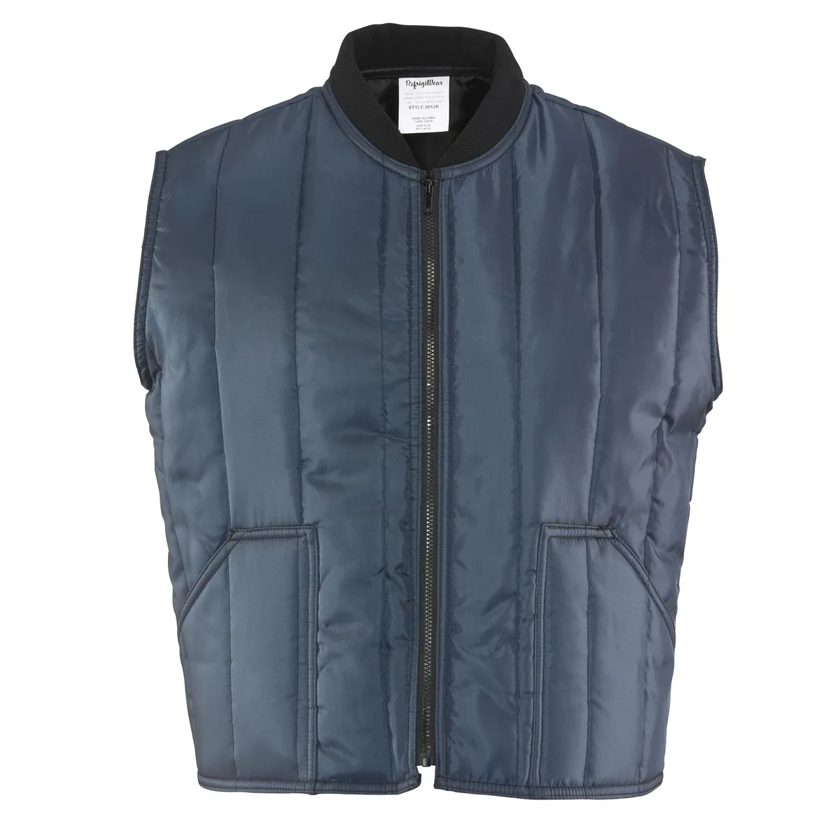 Navy blue insulated work vest with zipper front and two outside pockets