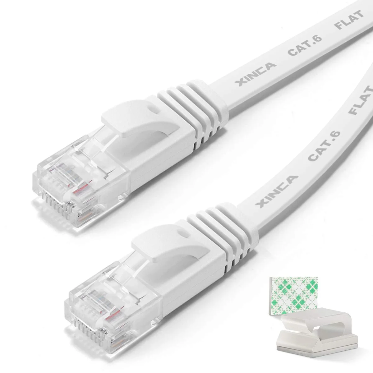  XINCA CC-W50 Cat6 network ethernet cable 50 ft white flat with 25 clips — product photo
