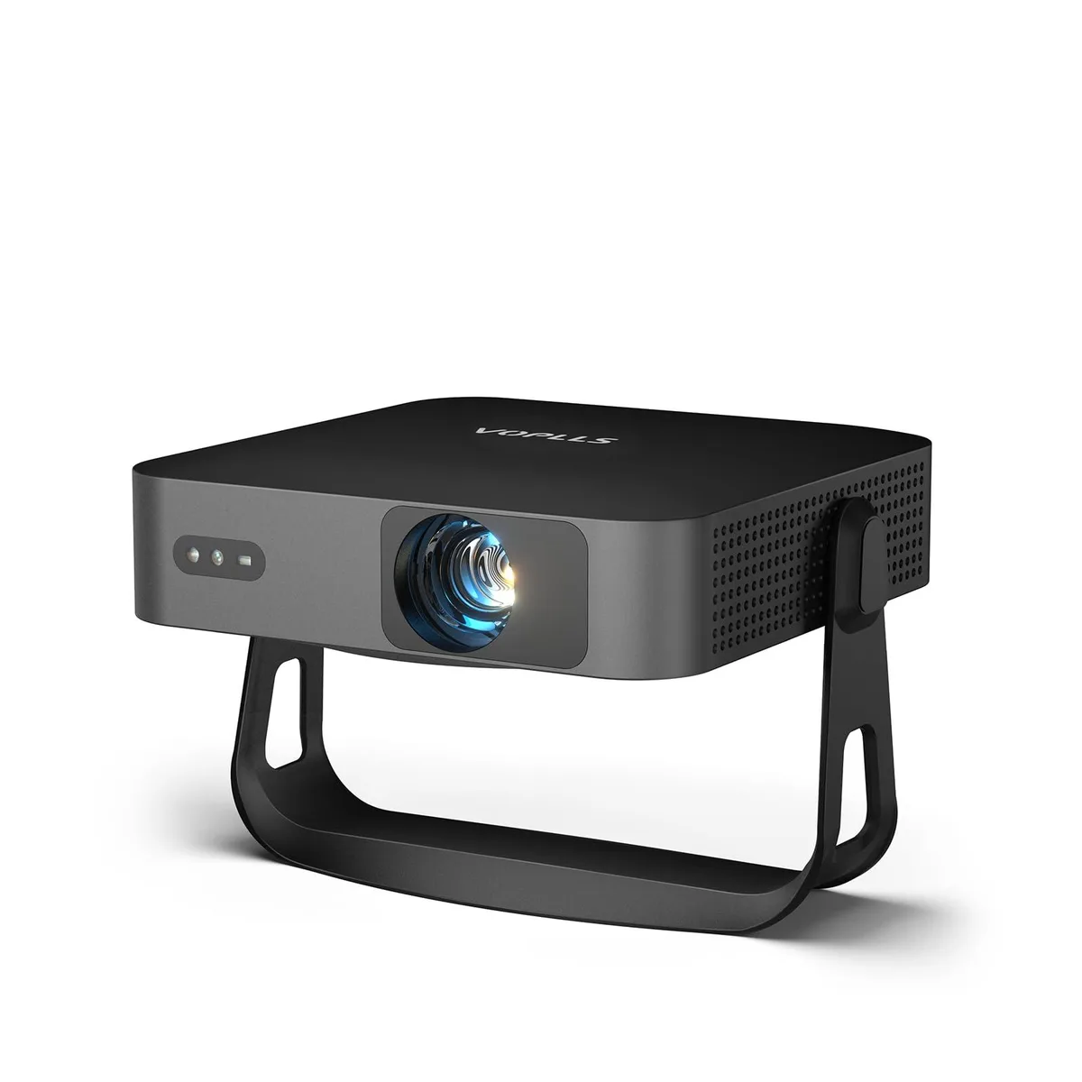 Black compact projector with integrated 360° rotating stand, rectangular slim profile