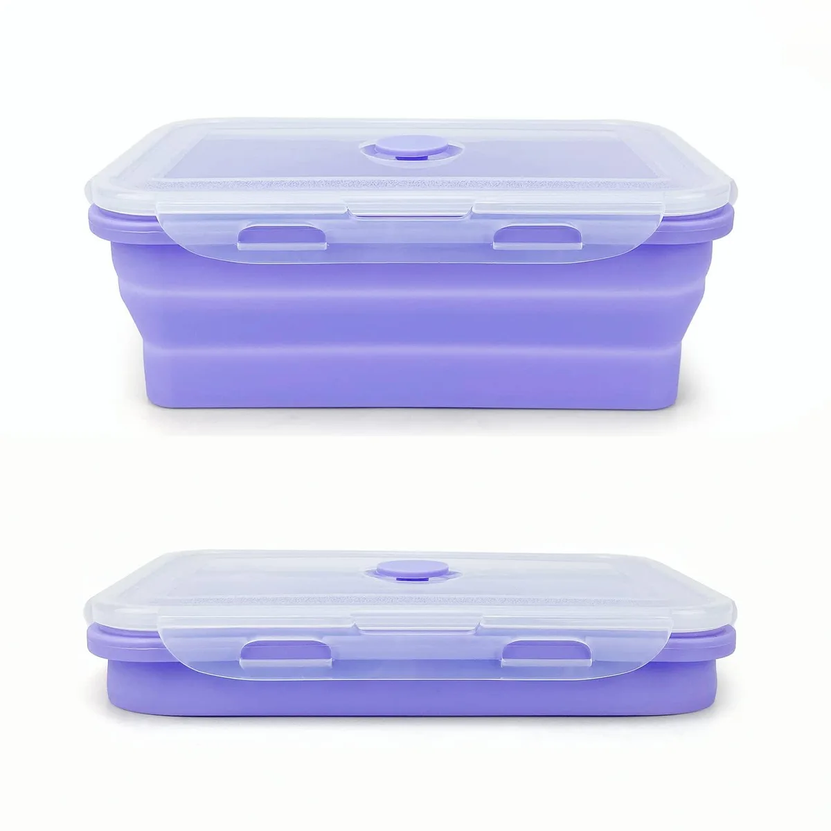 Red collapsible silicone food container with plastic lid, expanded to rectangular bowl shape
