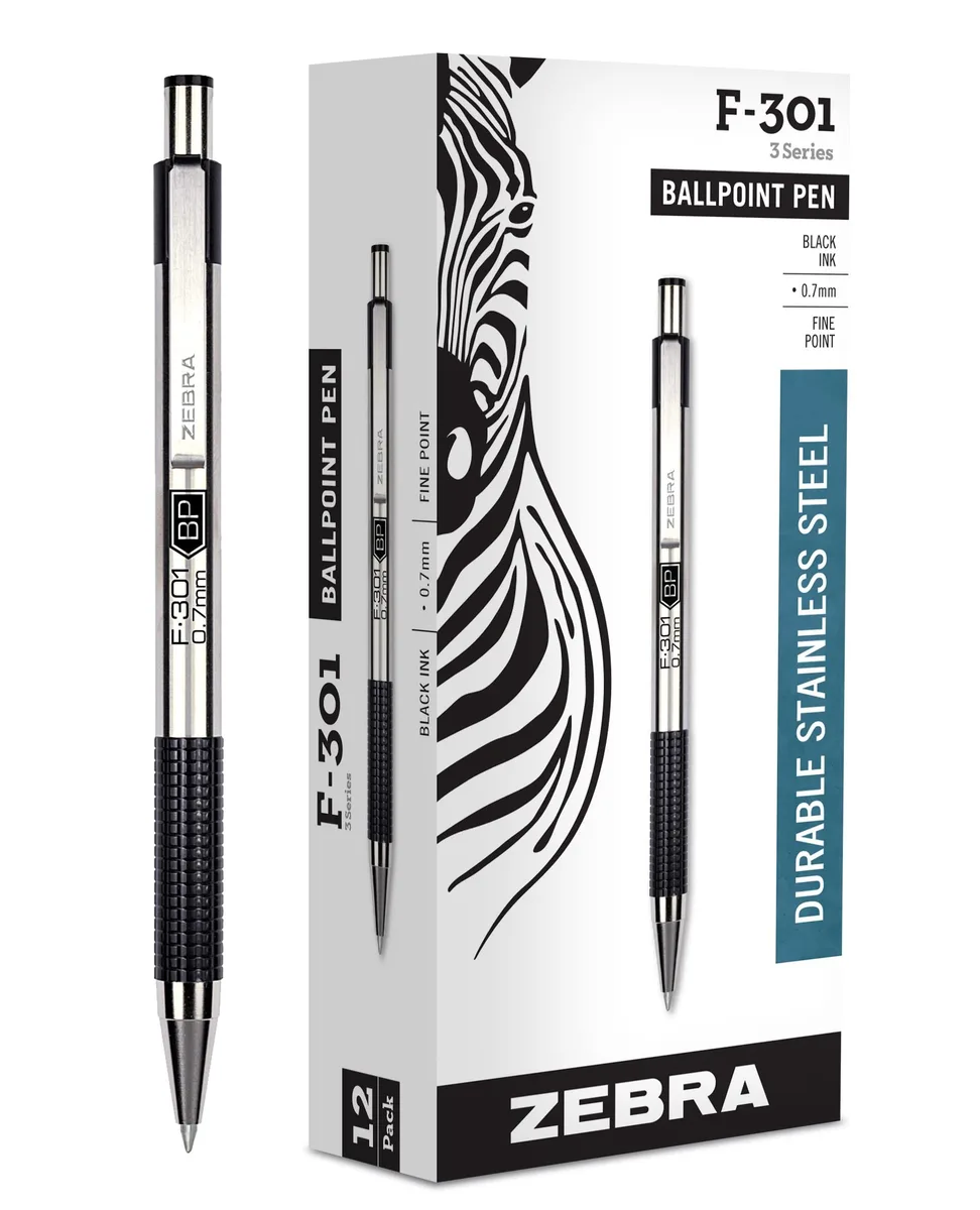 Twelve stainless steel retractable ballpoint pens with black barrels and non-slip grip