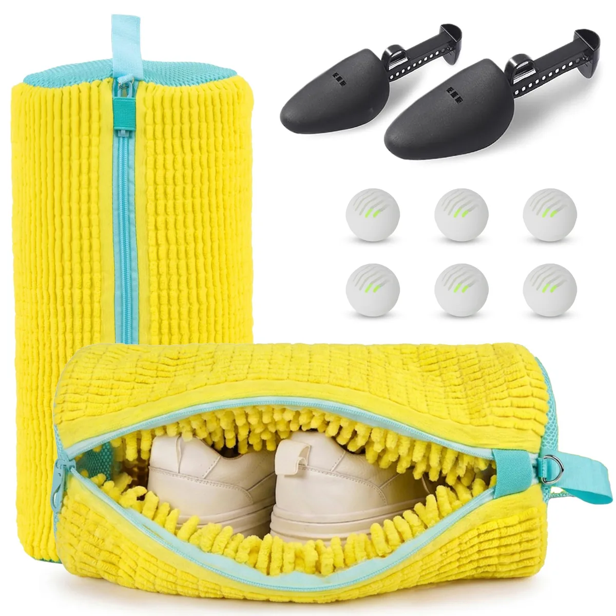  REAL HOME Innovations Shoe Washing Machine Bag Yellow 14.8 × 7.4 2pcs with shoe trees deodorizer balls — product photo