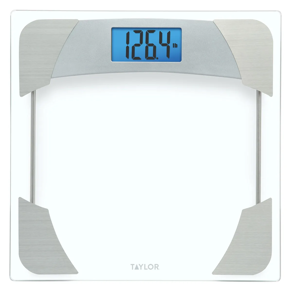 Square glass platform with silver stainless steel accents and blue LCD display, 12.2 inches wide