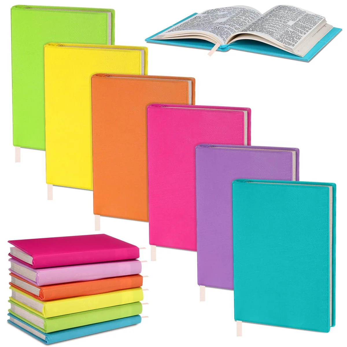 Six neon fabric book covers stacked flat, each 9.84 by 7.87 inches