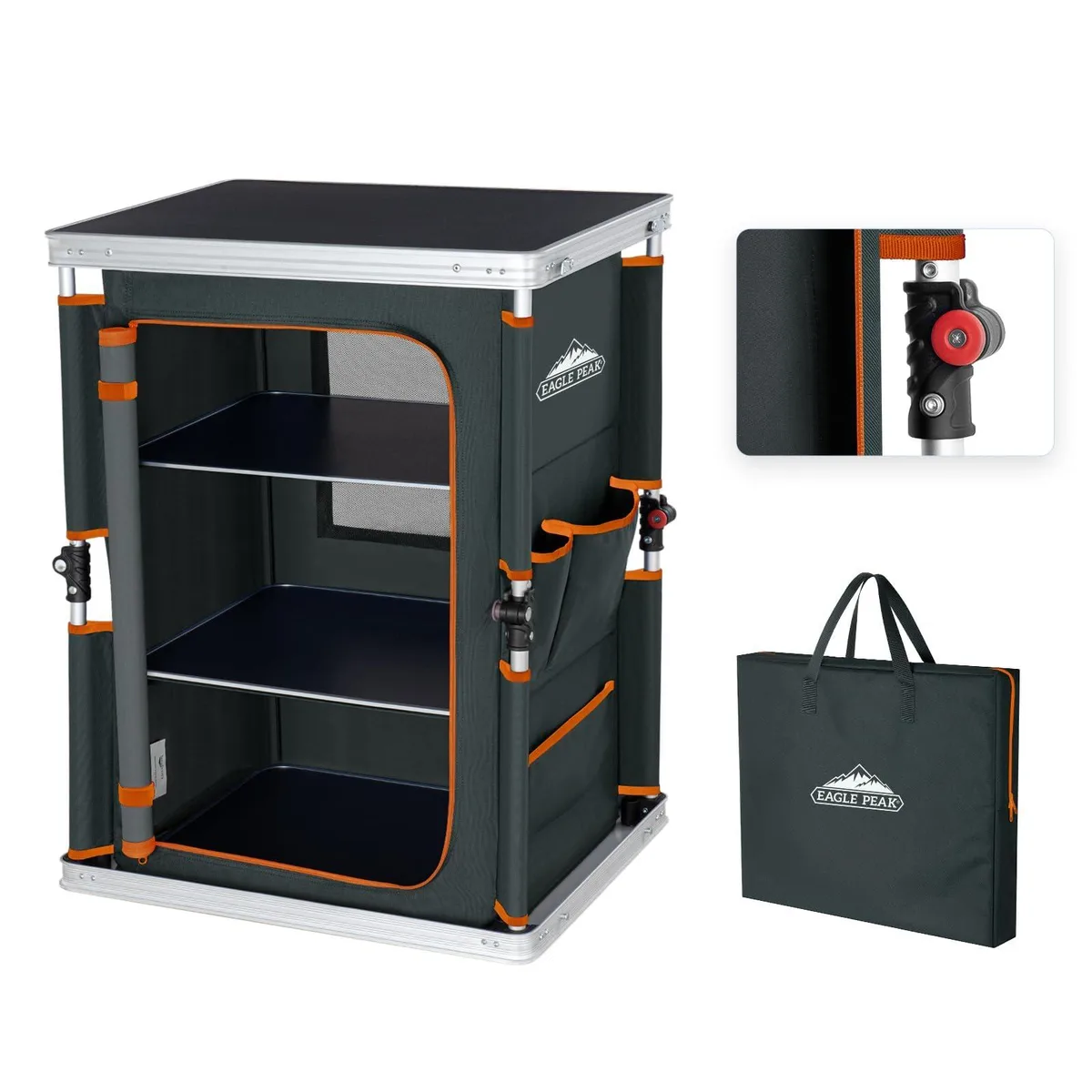 Gray three-tier folding camping table with aluminum frame, MDF top and mesh side pockets, folded into carry bag