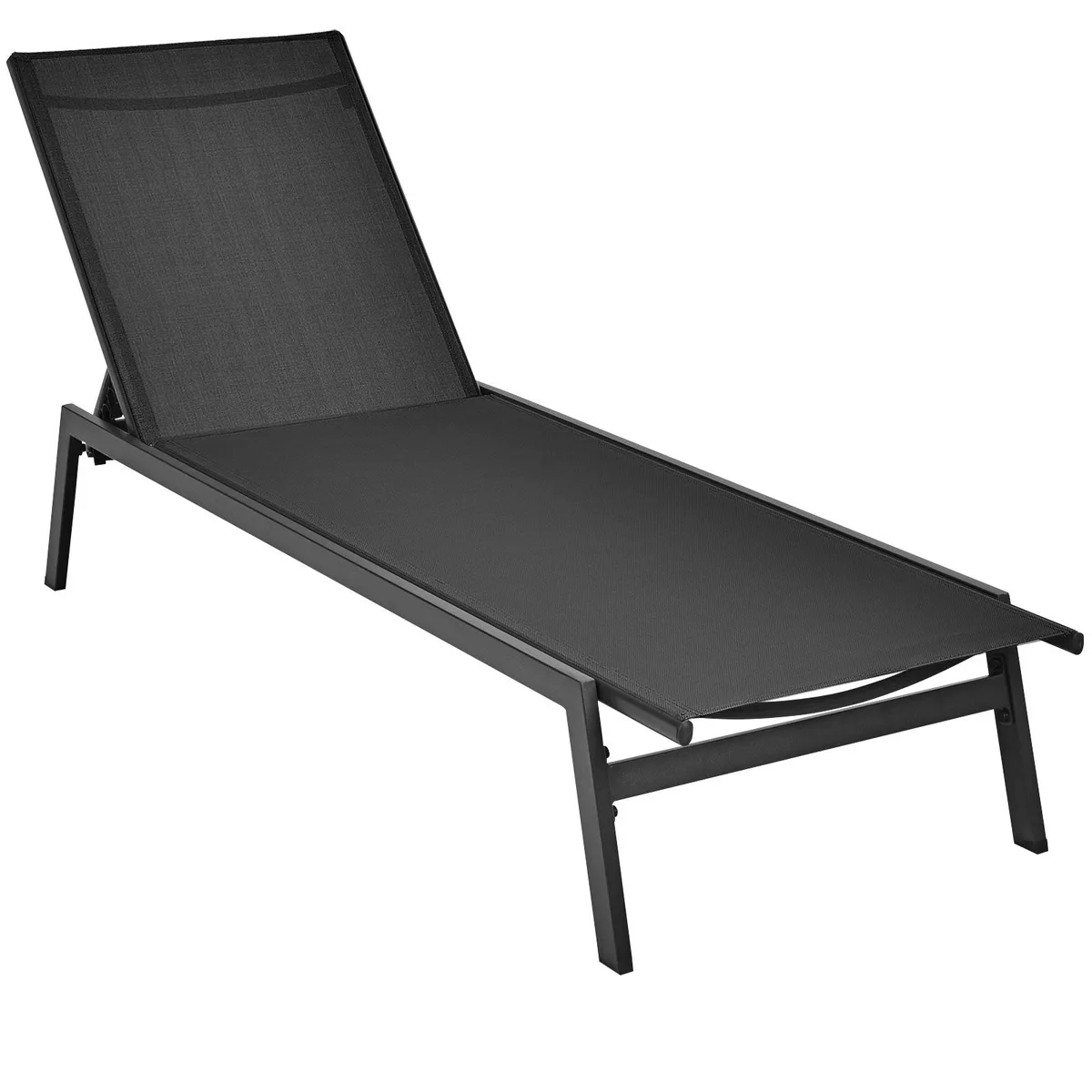 Black reclining chaise lounge chair with adjustable backrest, steel frame, breathable fabric, anti-slip feet