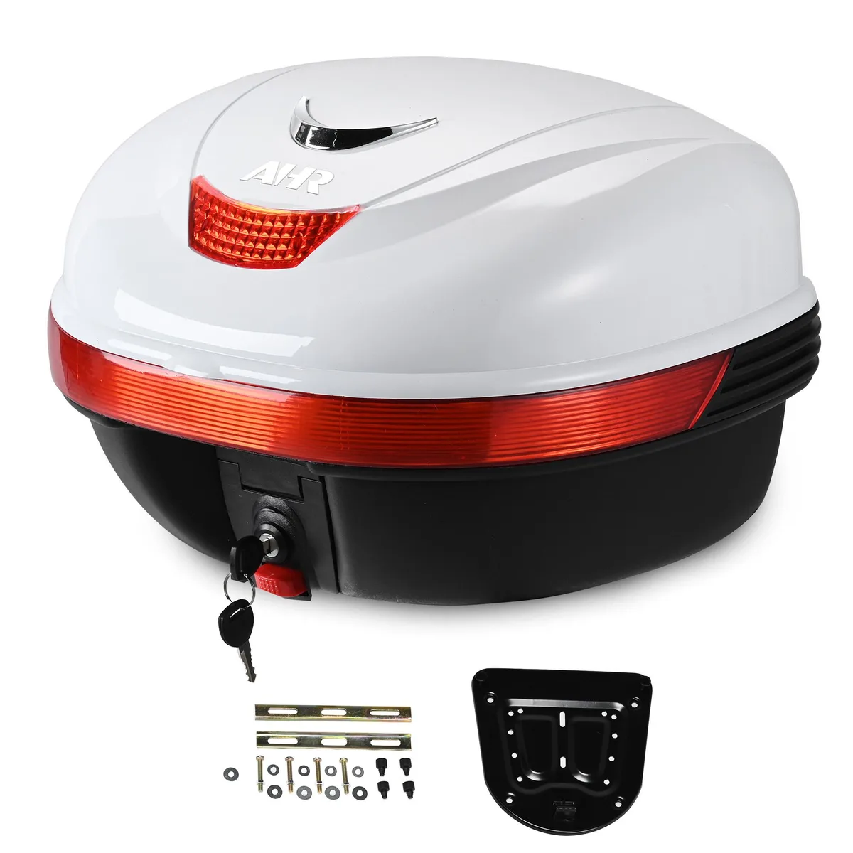 White glossy 35L motorcycle tail box with reflective strips and quick-release mount