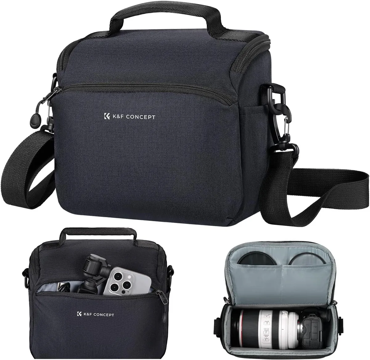 Deep blue canvas camera sling bag with adjustable crossbody strap
