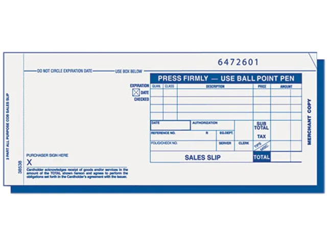 TOPS TOPS 38538 Credit Card Sales Slip Three-Part Carbonless 100 Forms — product photo