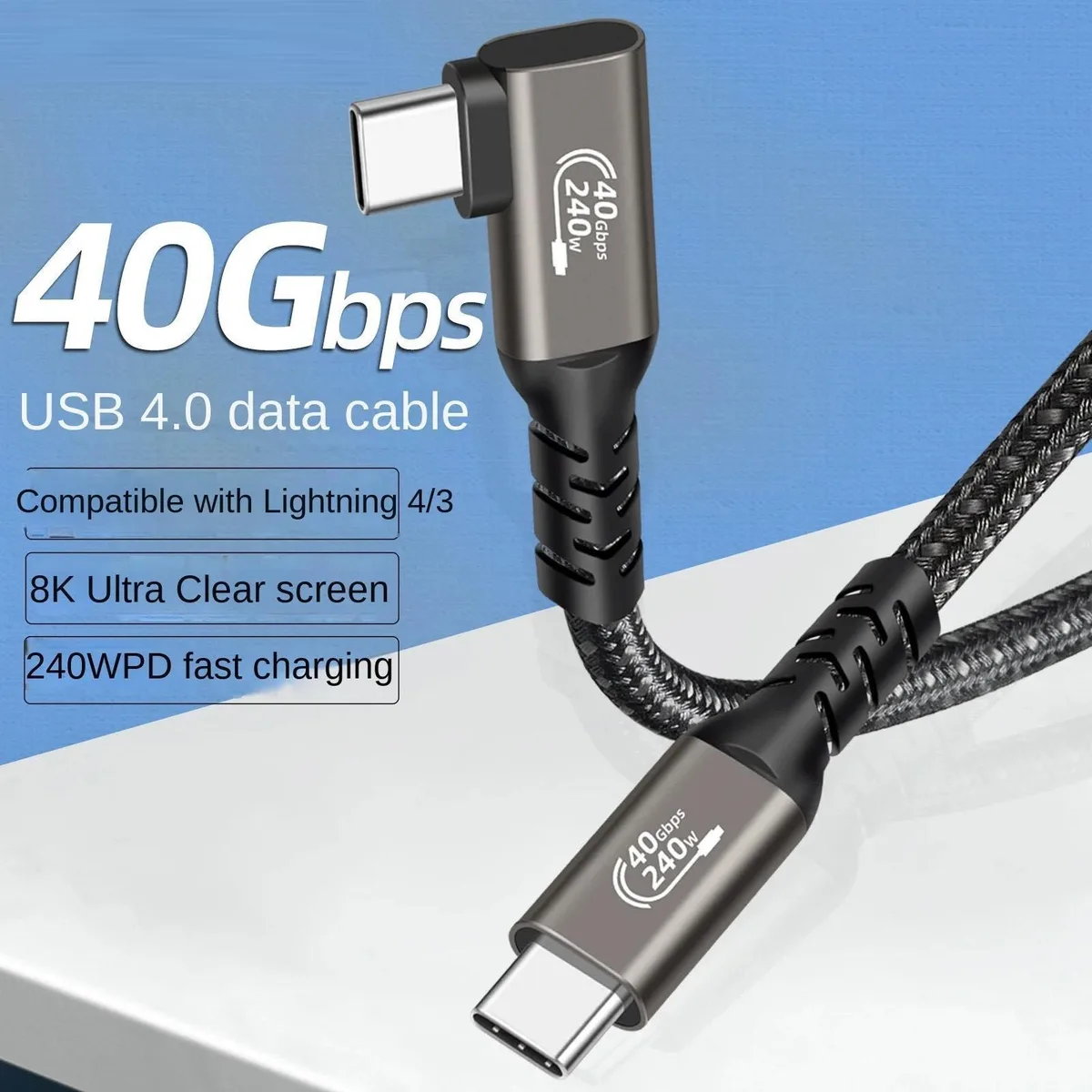 WRIARICH WRIARICH USB C to USB C Right Angle 1.6ft 240W 40Gbps 8K@60Hz Thunderbolt 3 usb cable — product photo