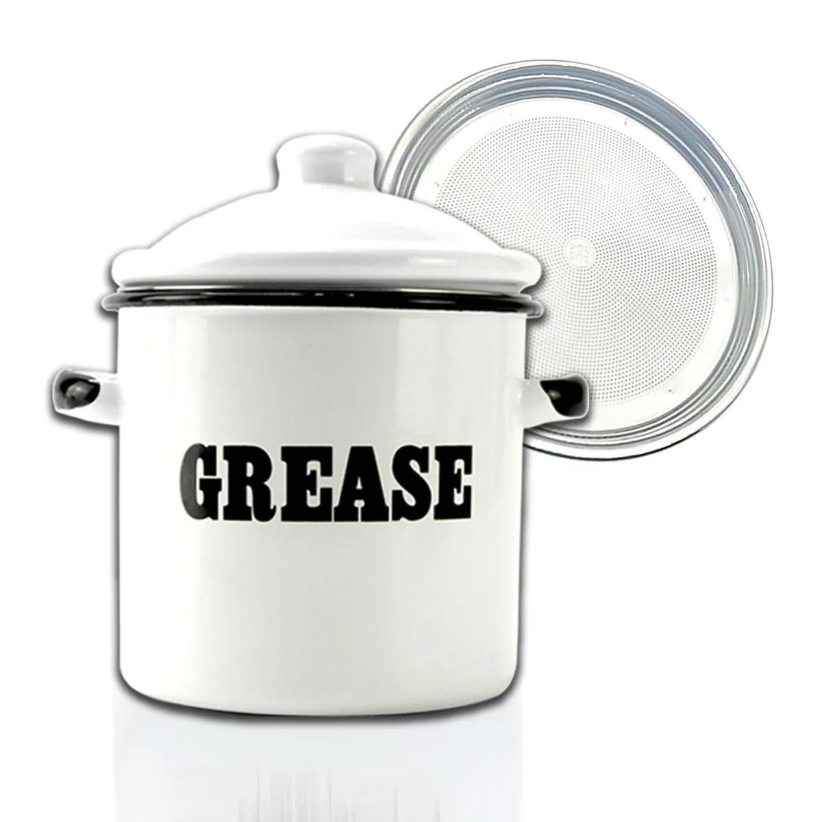 White enamel bacon grease container with strainer and double handles, 1.5L capacity