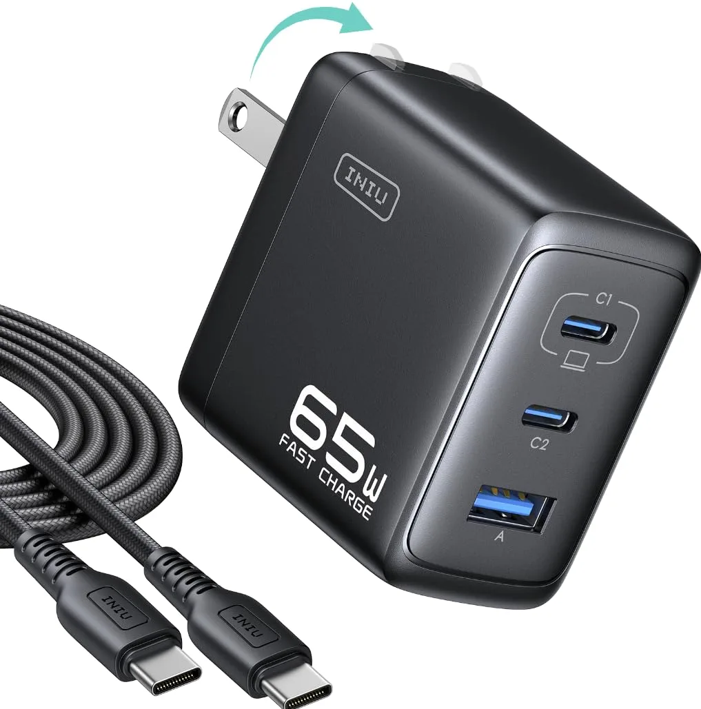 Compact white GaN wall charger with foldable prongs and three ports plus a braided USB-C cable