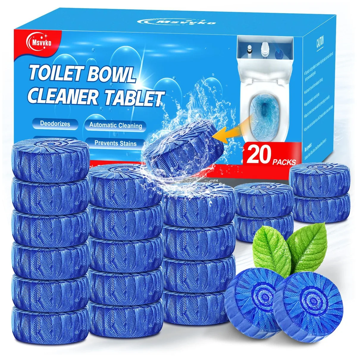 White toilet cleaning tablets in individual wrappers, 20 pack