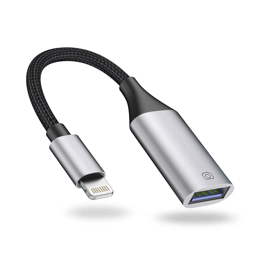 Short grey Lightning-to-USB-A adapter cable with aluminium shell