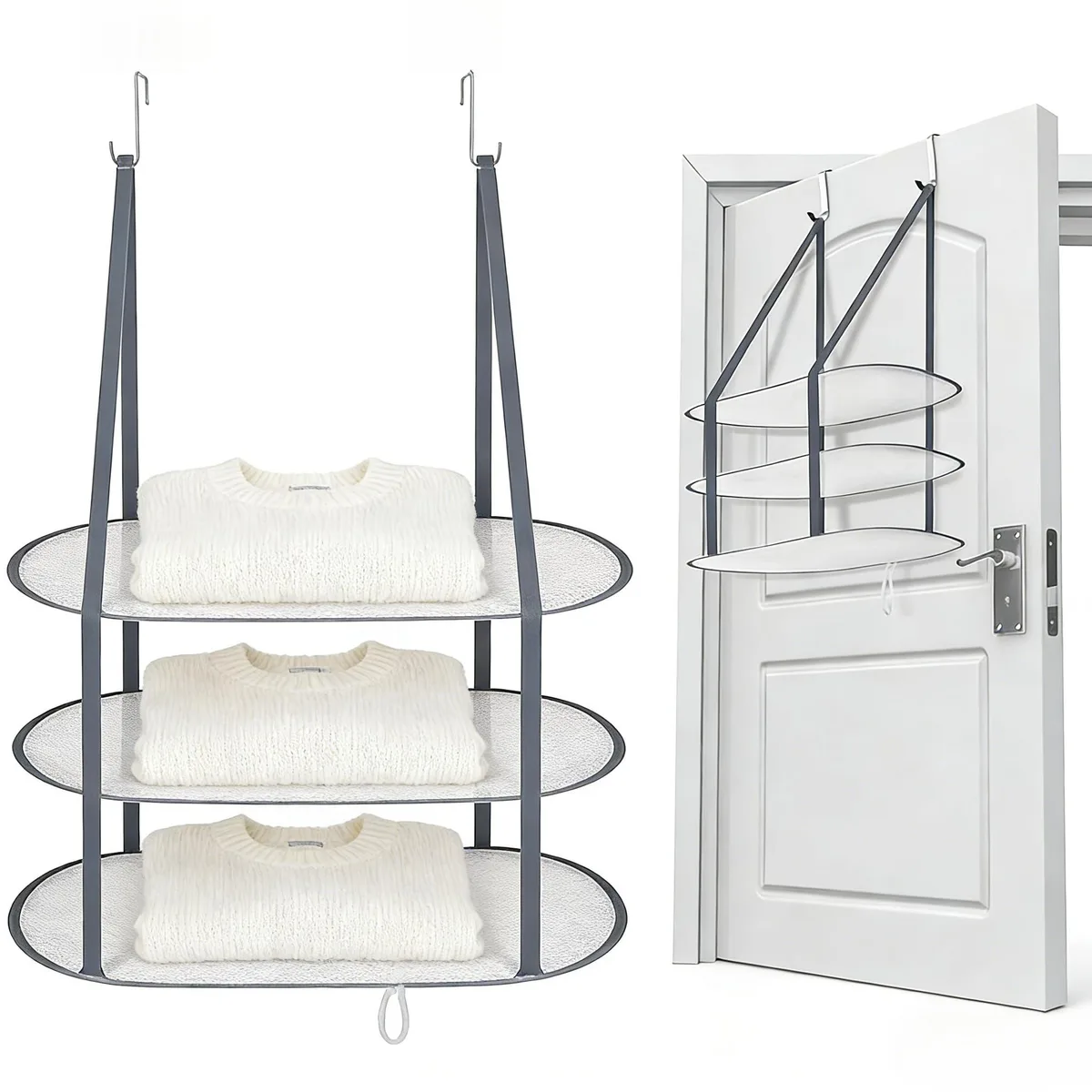 White and grey three-tier oval mesh drying rack with two hooks, folded to 10 inches