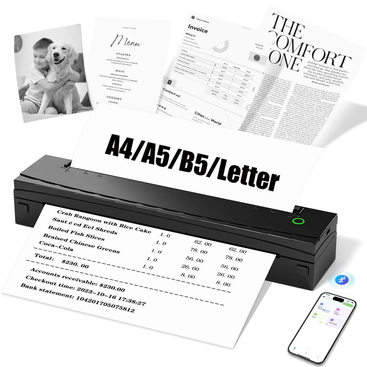 Compact black thermal receipt printer with Bluetooth, 11.0 by 1.7 by 2.3 inches