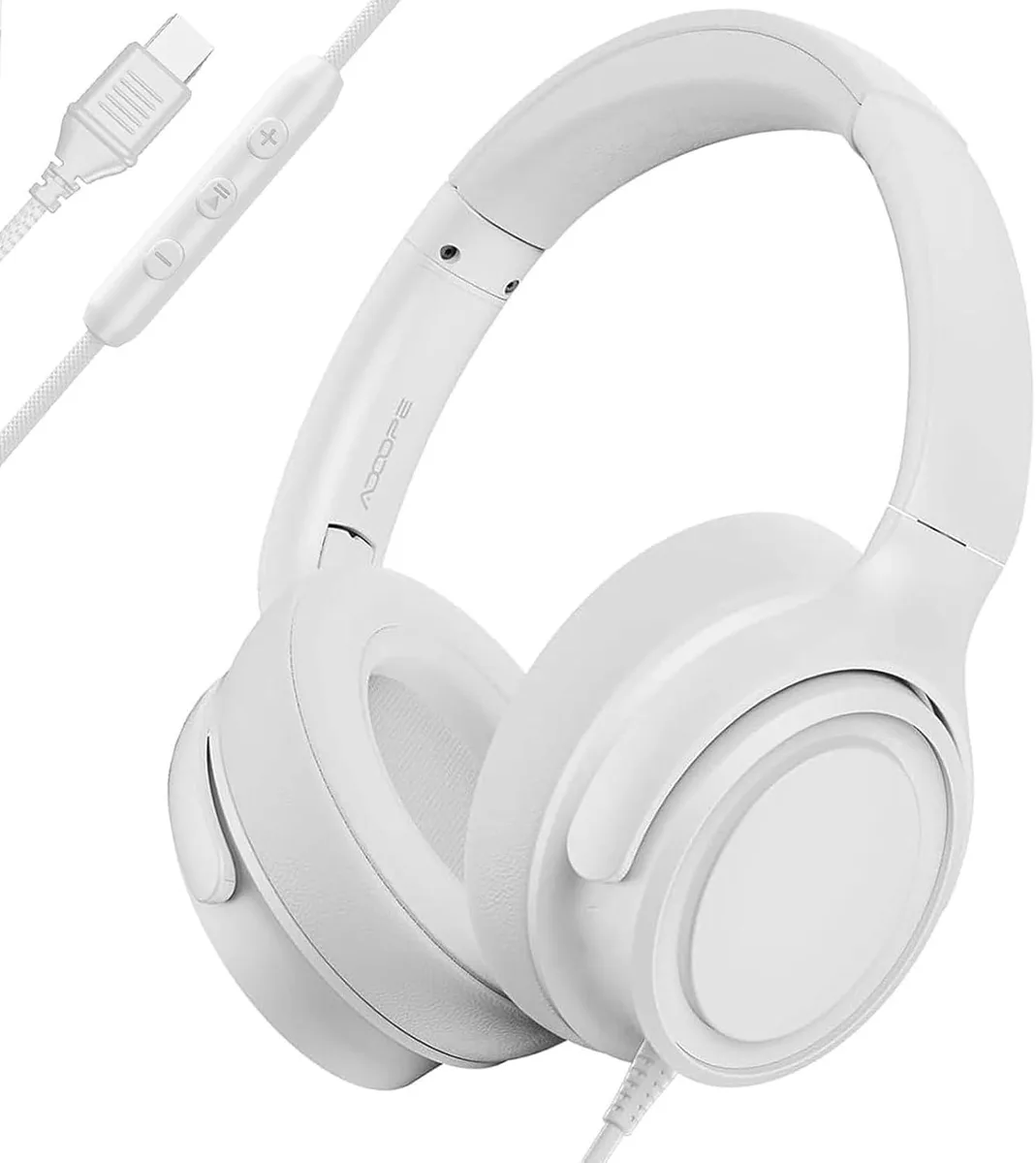 White over-ear headphones with USB-C cable and inline remote