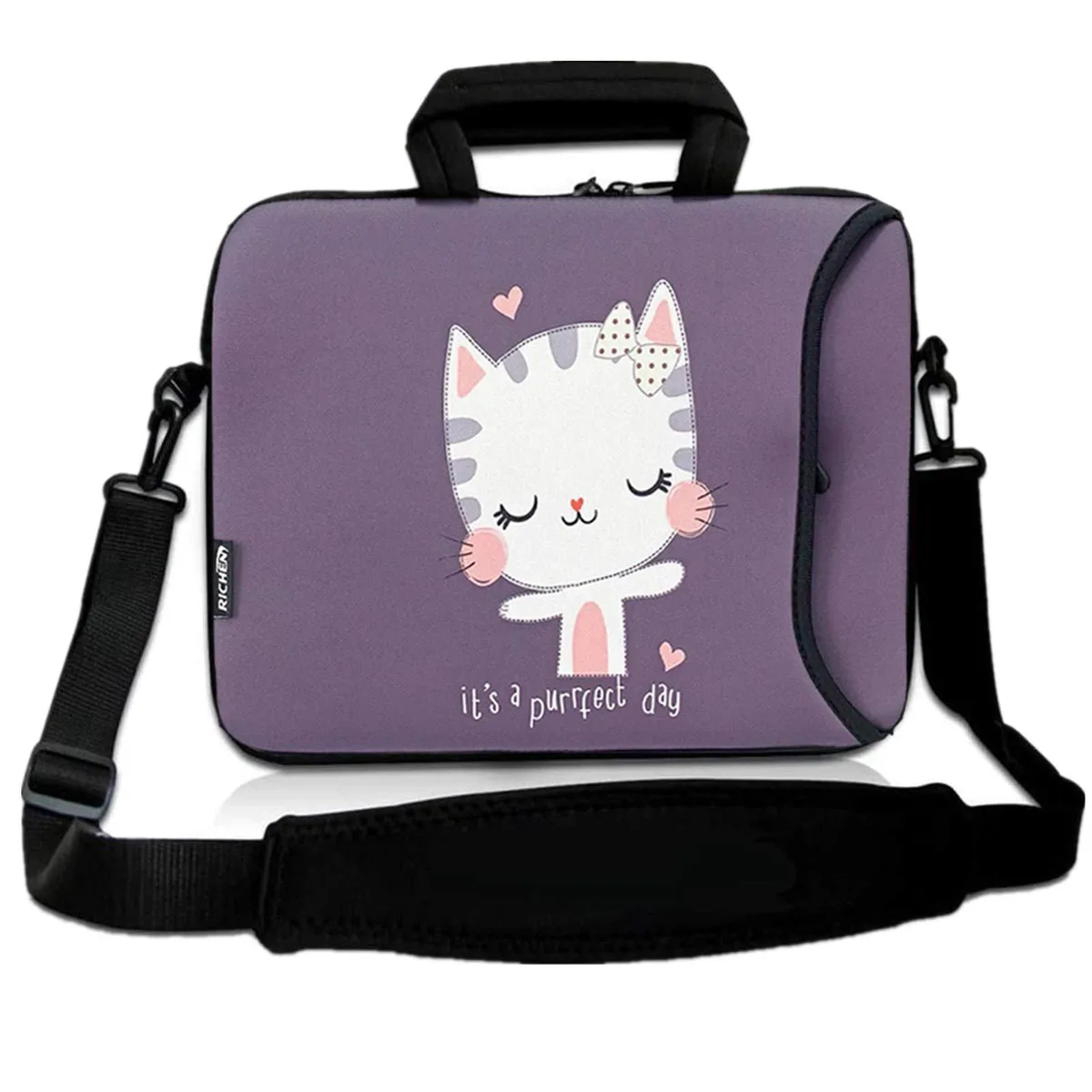 Pink Butterfly neoprene messenger bag with handle, adjustable strap and front zip pocket