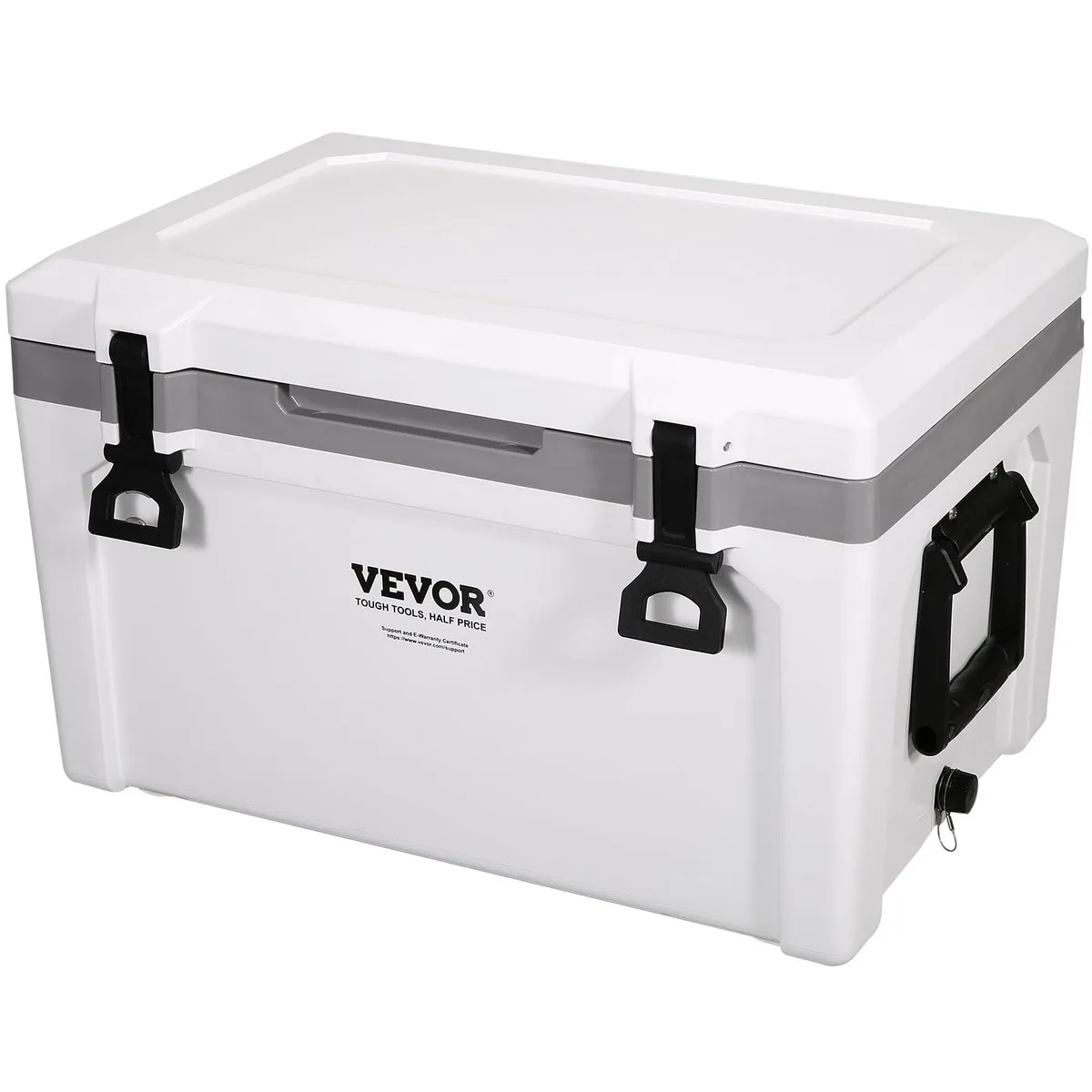 Red rectangular hard cooler with integrated handle and cup holder on lid