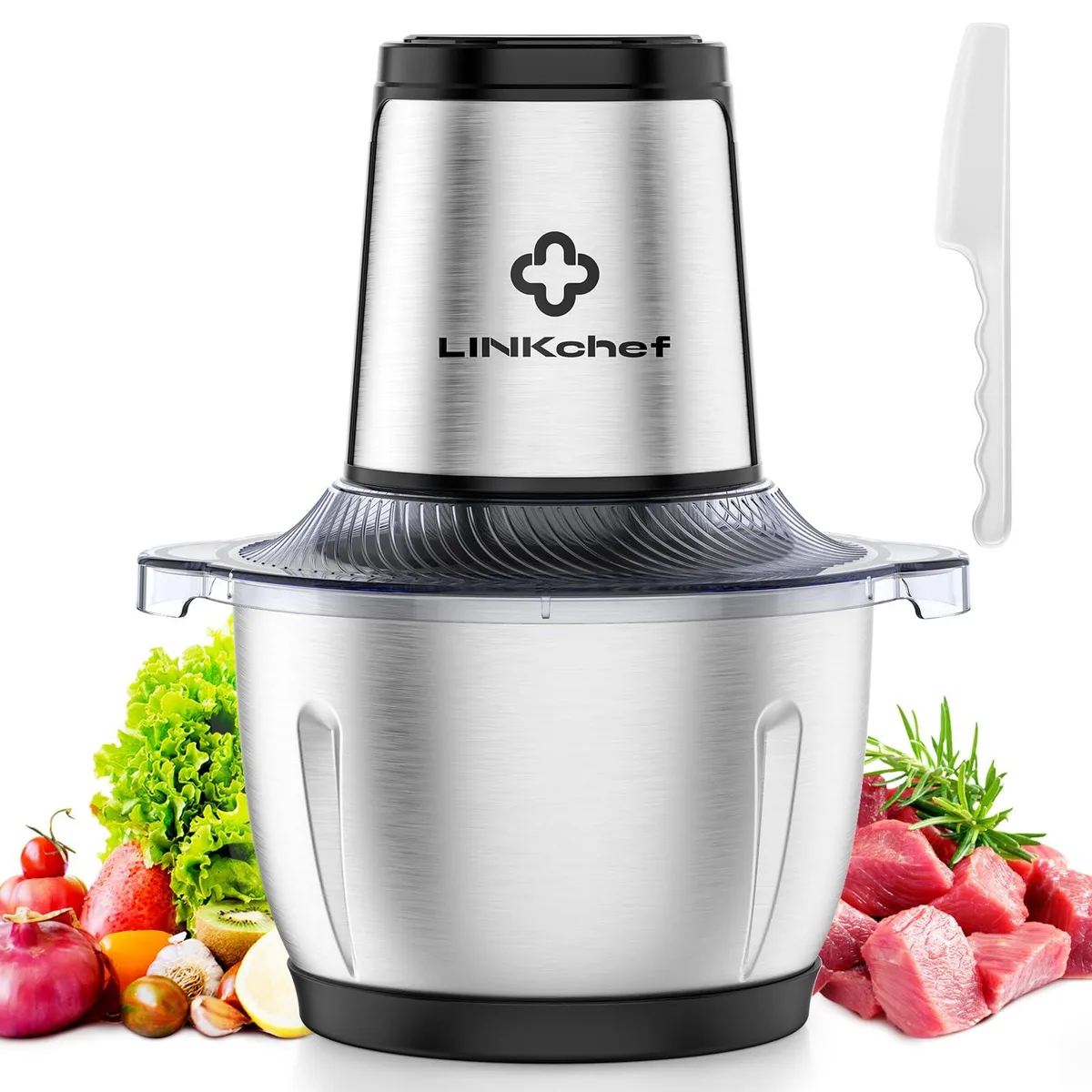 Compact silver and black food processor with stainless steel bowl and blades