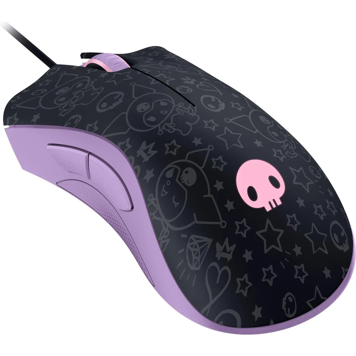 Right-handed ergonomic gaming mouse in black with Kuromi artwork, rubber side grips, wired USB connection