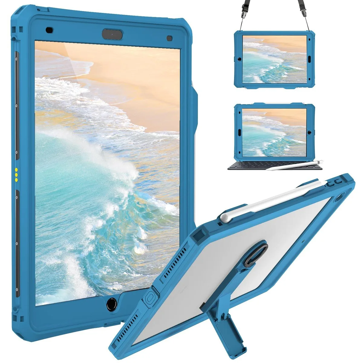 Rugged waterproof case for 10.2 inch iPad with built-in screen protector, kickstand, pencil holder and shoulder strap