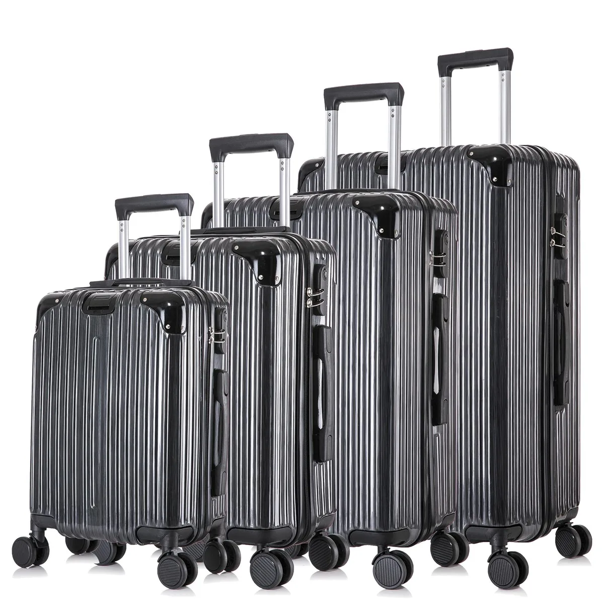 Four black hardshell spinner suitcases in sizes 16 20 24 28 inches