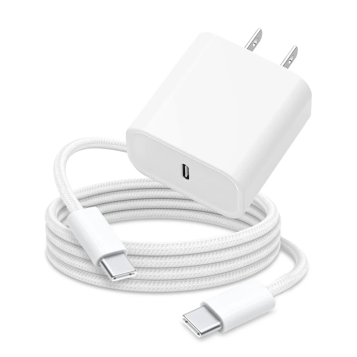 White 20W USB-C wall charger with six-foot cable