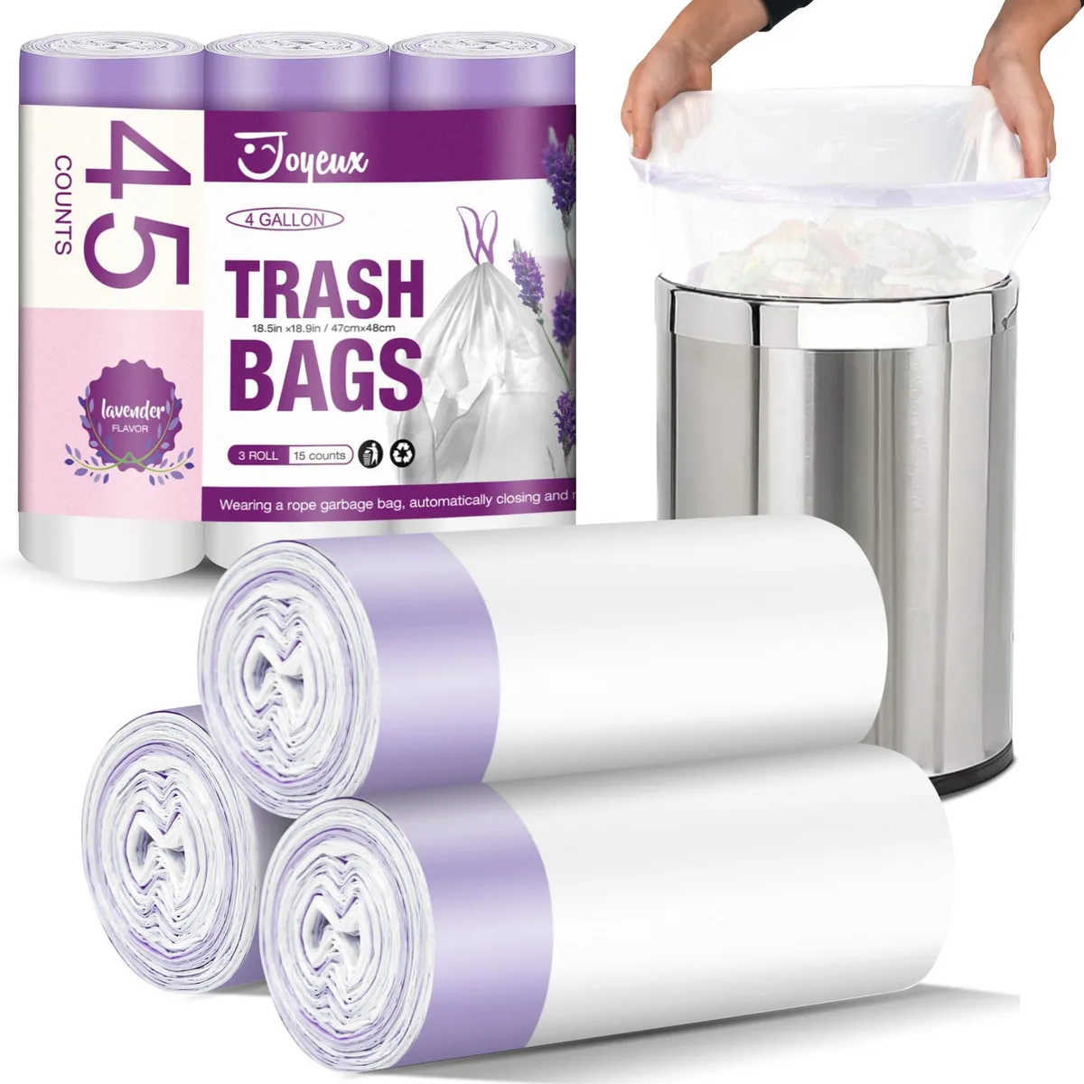White drawstring trash bags on three rolls, 45 count, 4 gallon capacity