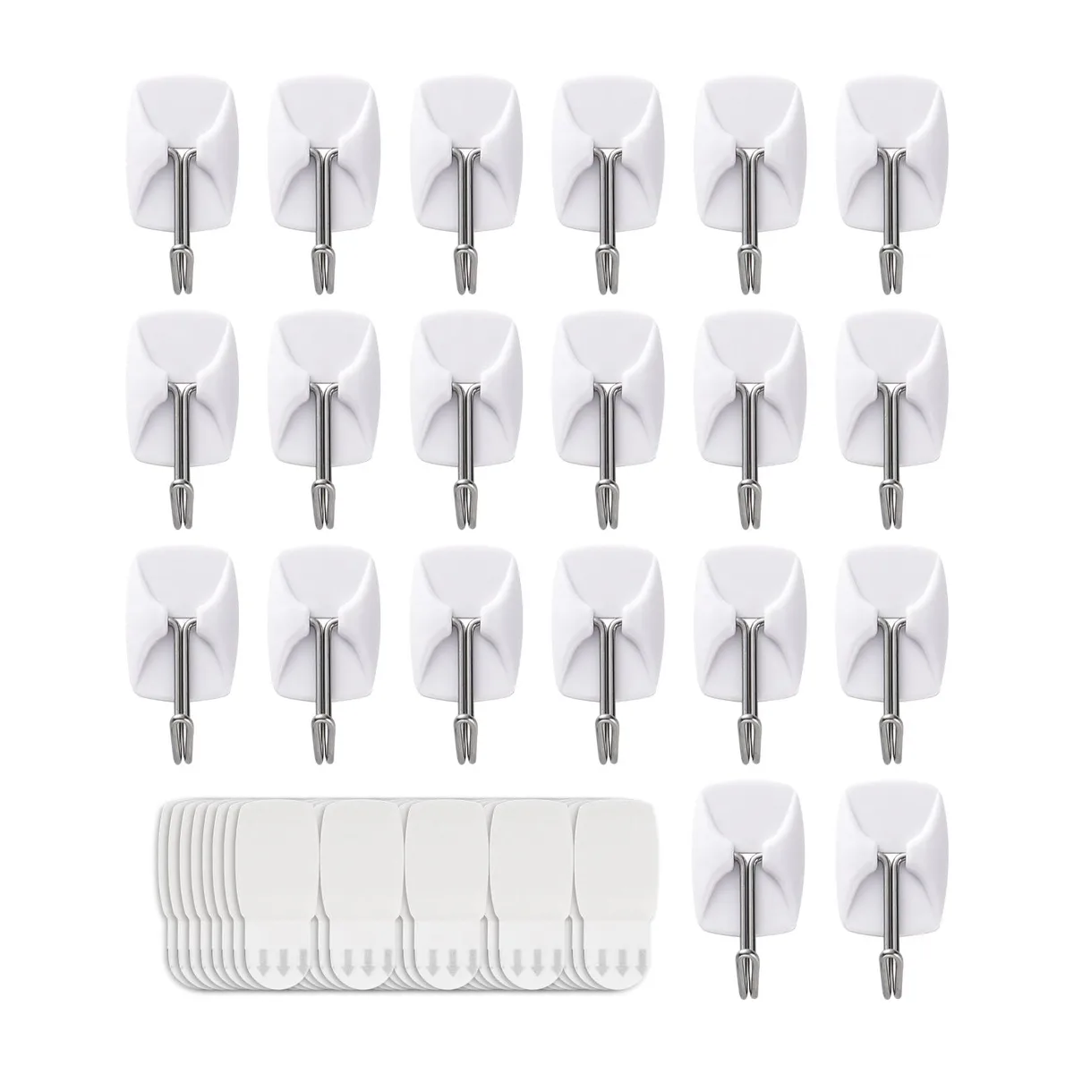 20 white adhesive wall hooks with 40 strips, holds .5 lbs each