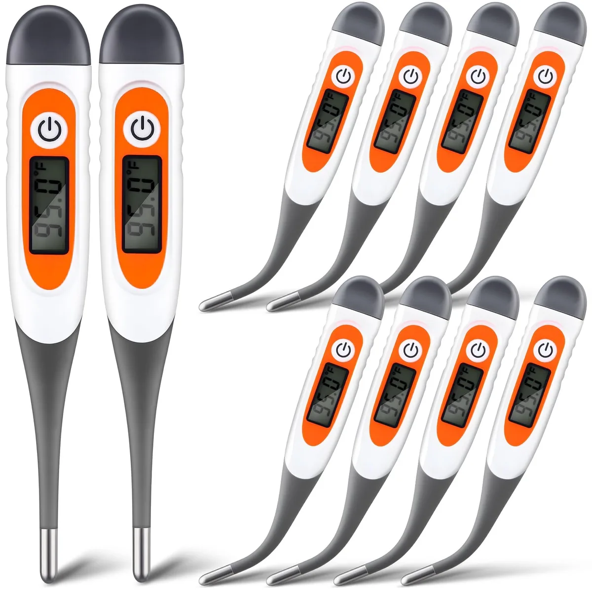 Ten grey digital thermometers with flexible tips laid out together