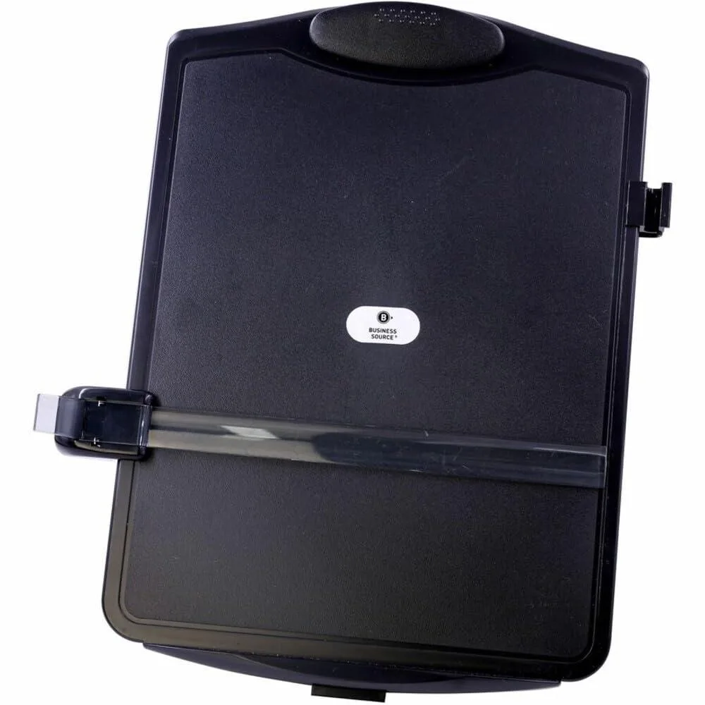 Black plastic desktop easel document holder with adjustable clip and line guide