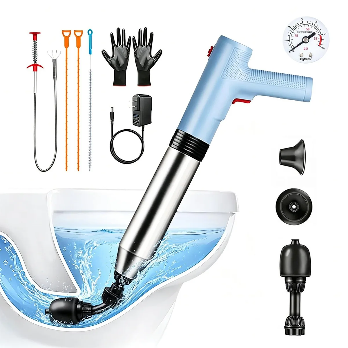 Electric Toilet Plunger Blue 120 PSI One-Touch with Gauge & Kit — product photo