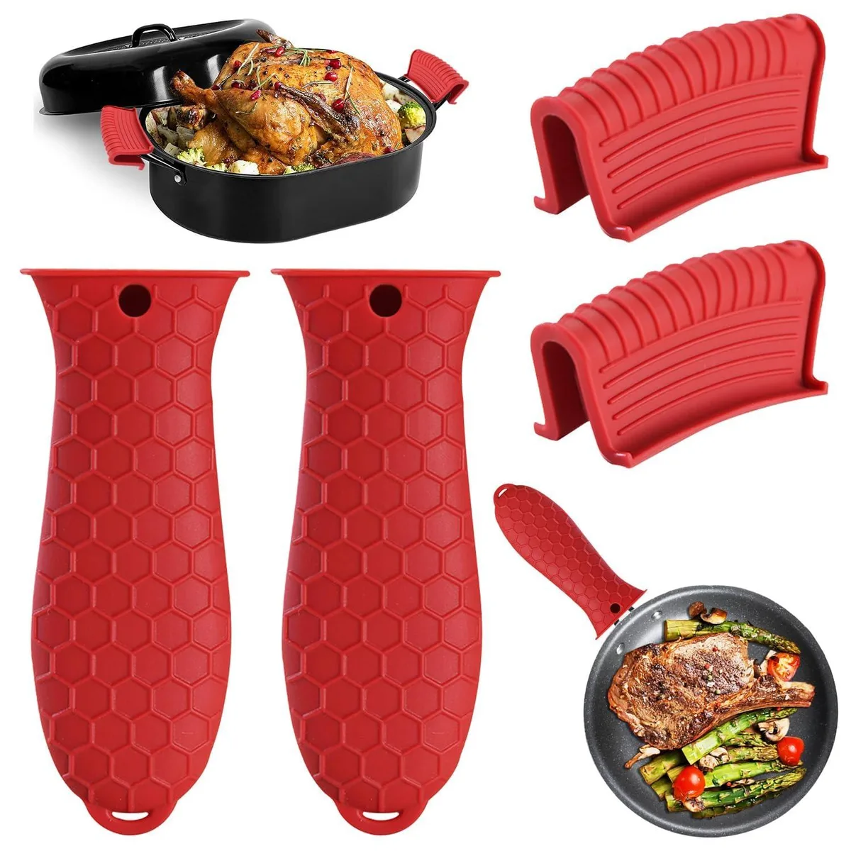 Four red silicone handle covers, two long and two short, textured grip surfaces