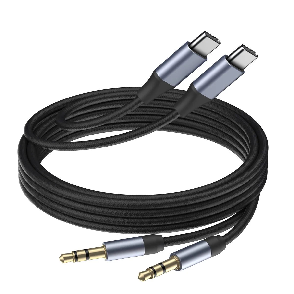 Two black USB-C to 3.5mm audio cables coiled together