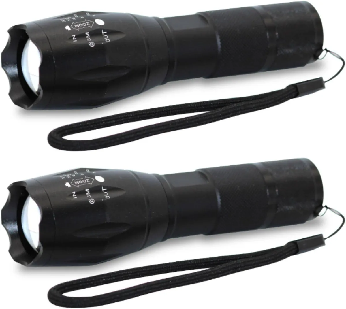 Two compact aluminium tactical flashlights with textured grips and adjustable focus heads