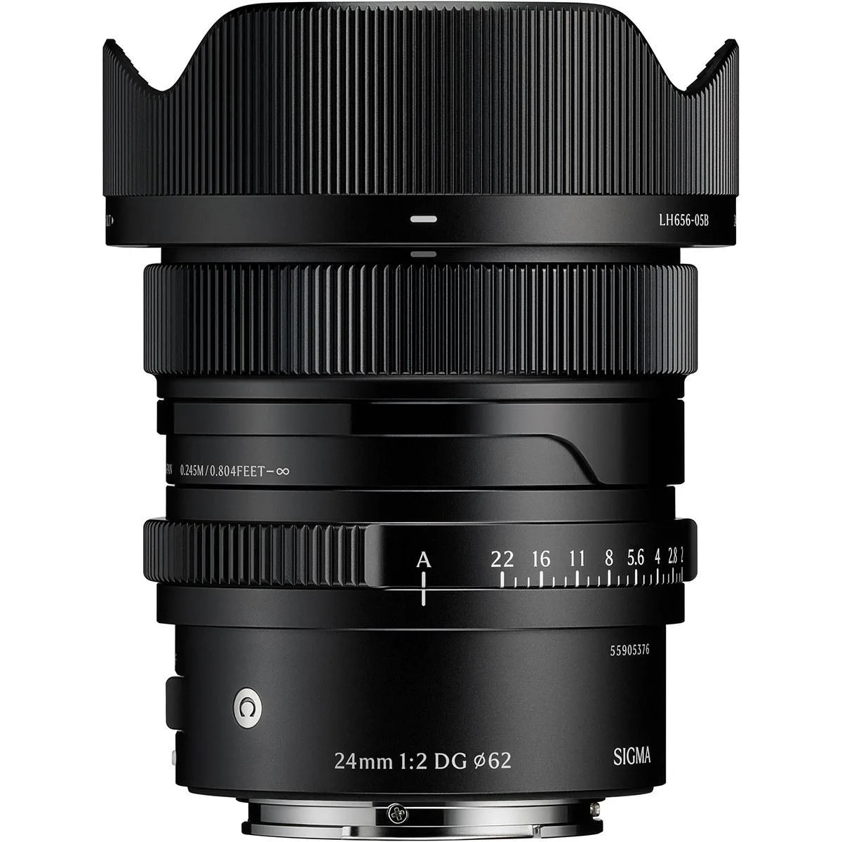 Black cylindrical lens barrel with metal mount and focus ring