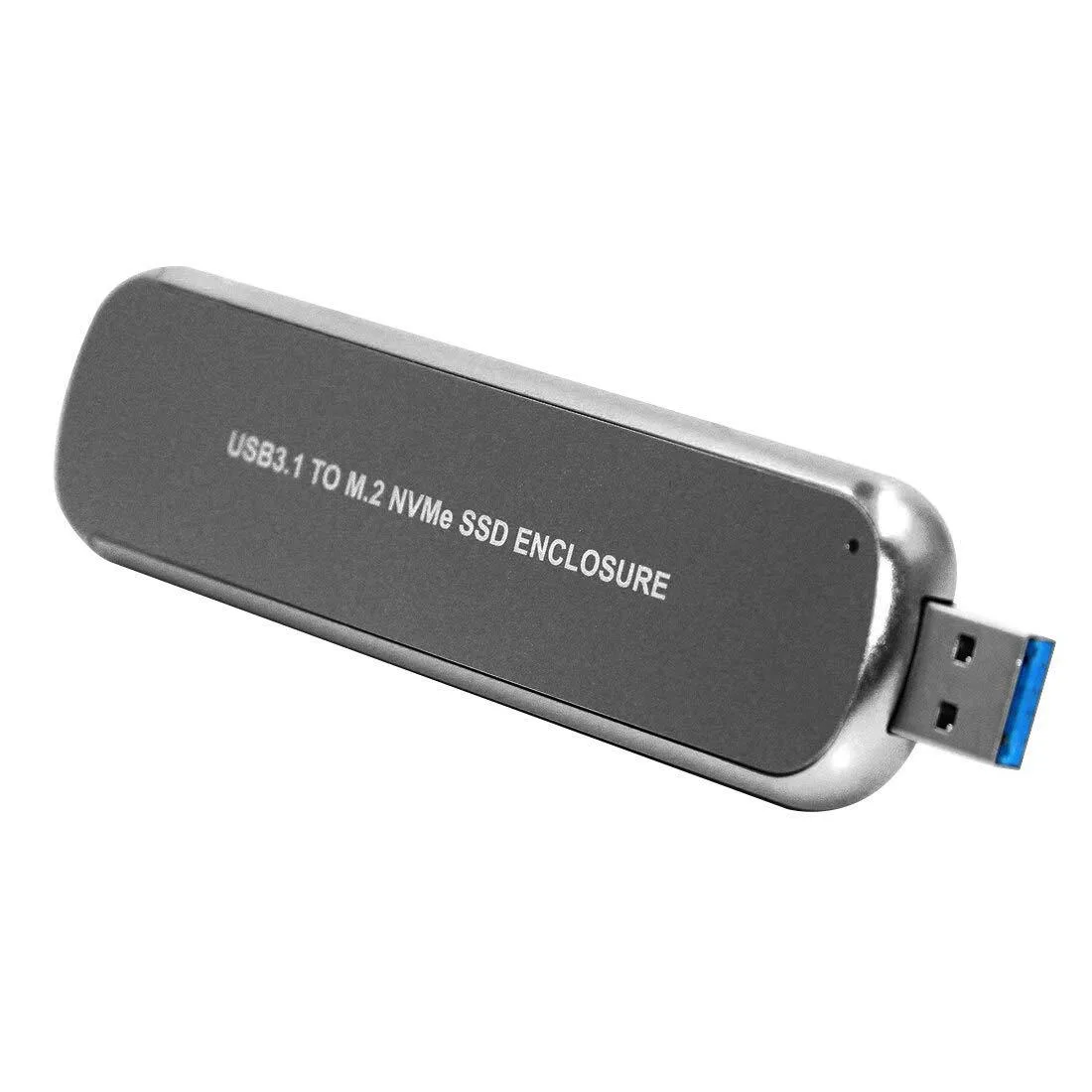 Grey rectangular M.2 SSD enclosure with USB 3.1 connector