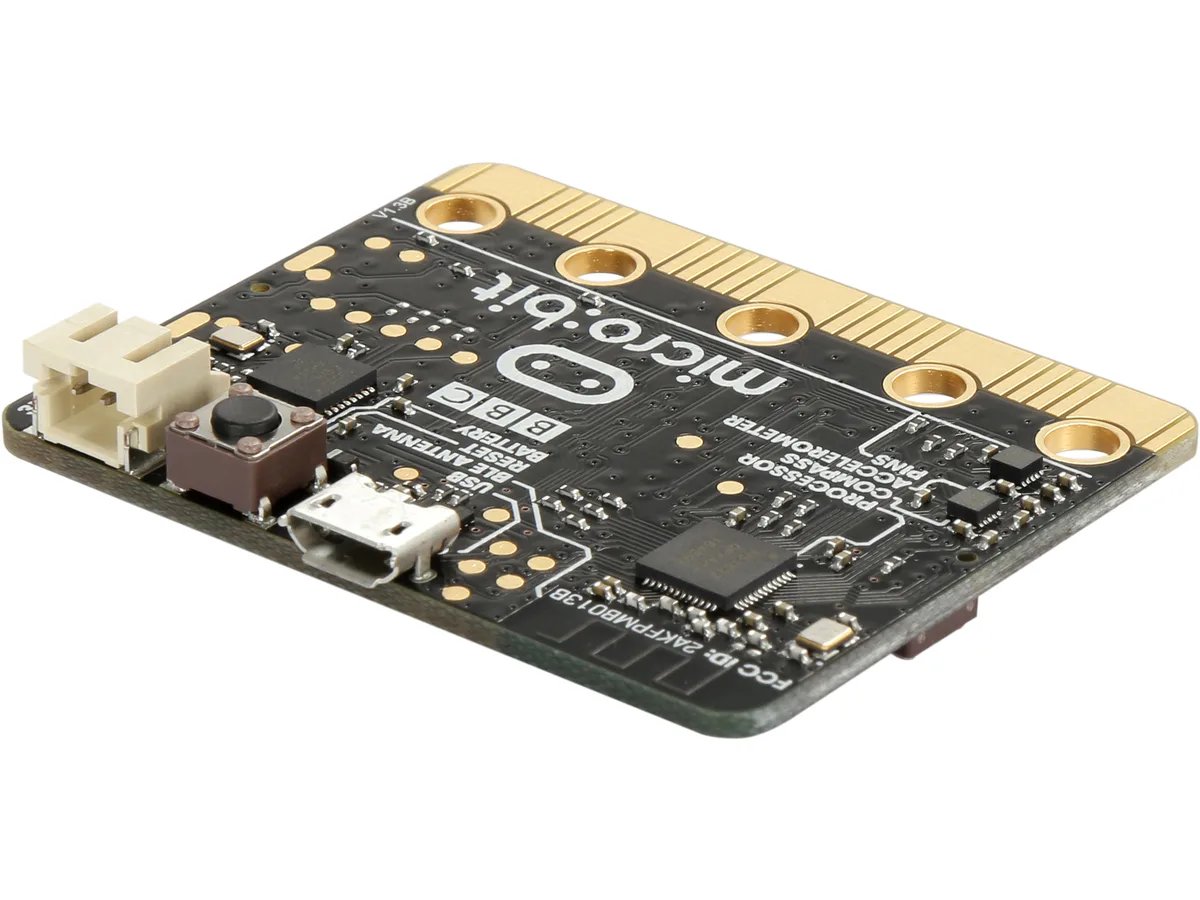 Small rectangular board with 5x5 red LED grid, two buttons, edge connector and micro-USB port