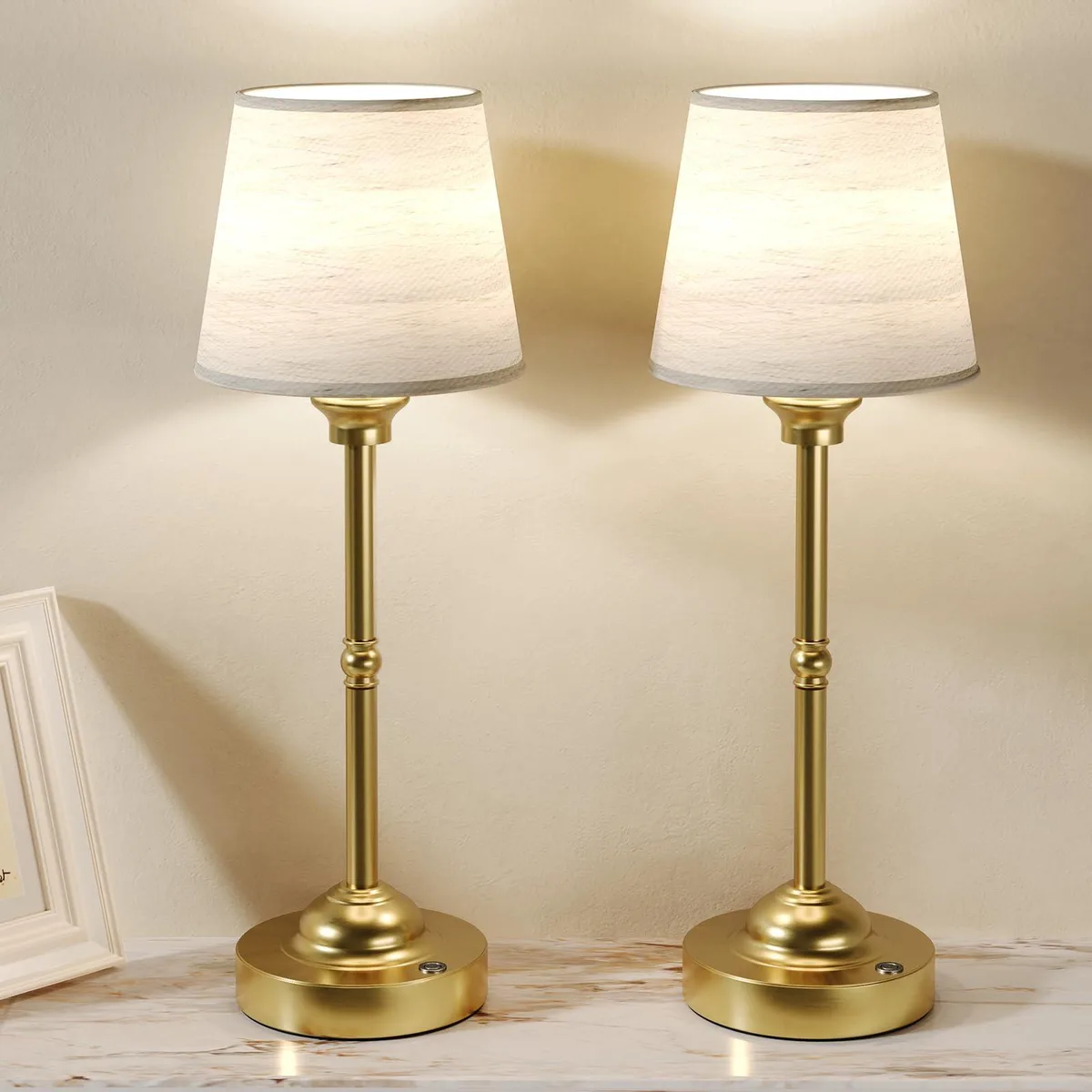 Two orange rectangular cordless table lamps with ABS shades and touch controls
