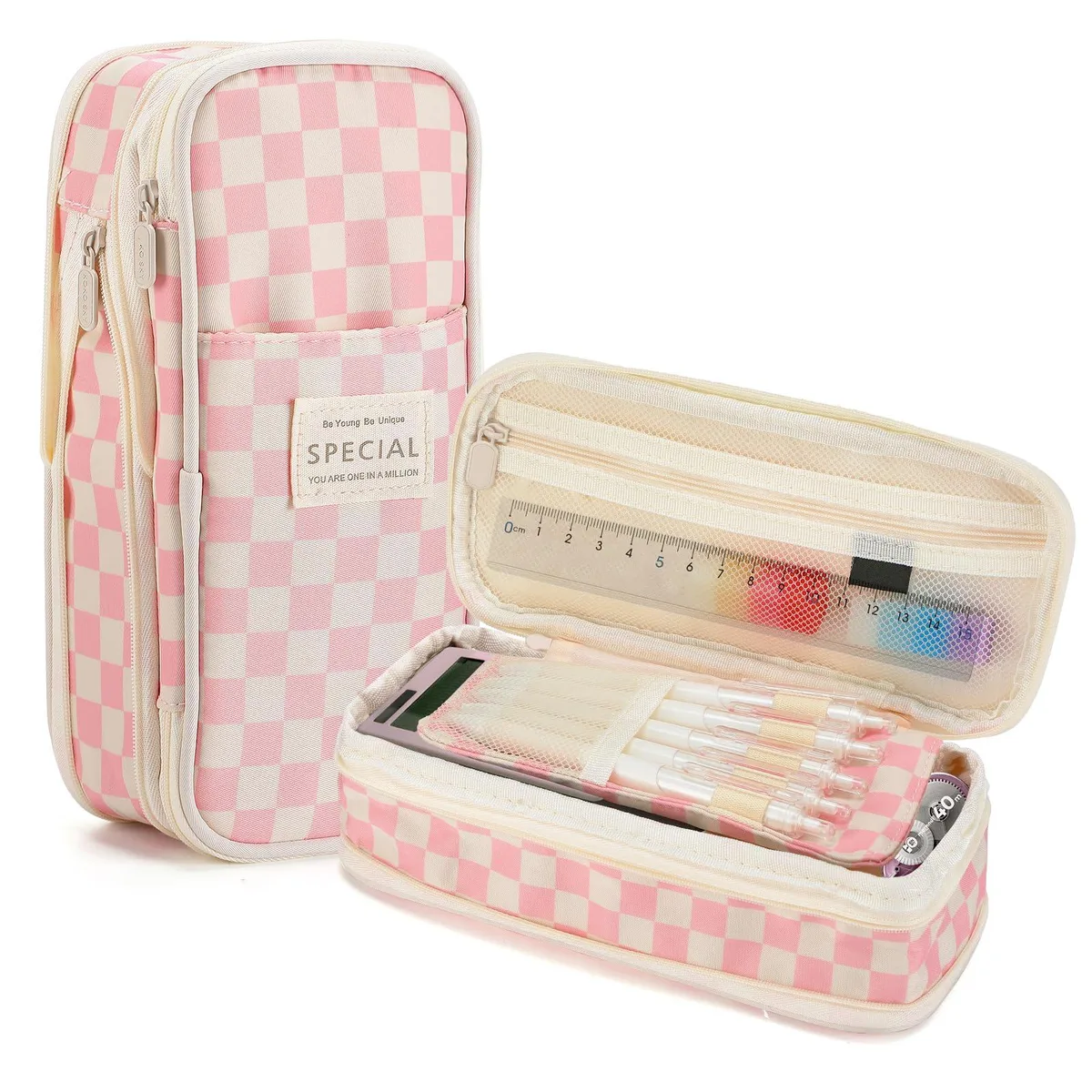 Pink gingham expandable pencil pouch, telescopic design grows from 1.8 to 2.8 inches high, canvas fabric with zip closure