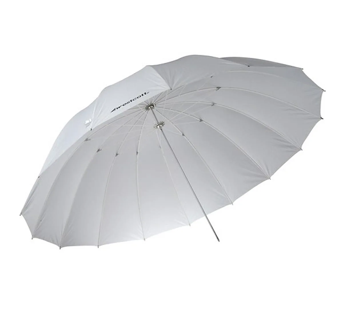 Large 7-foot white parabolic diffusion umbrella with fiberglass composite frame and thickened center shaft