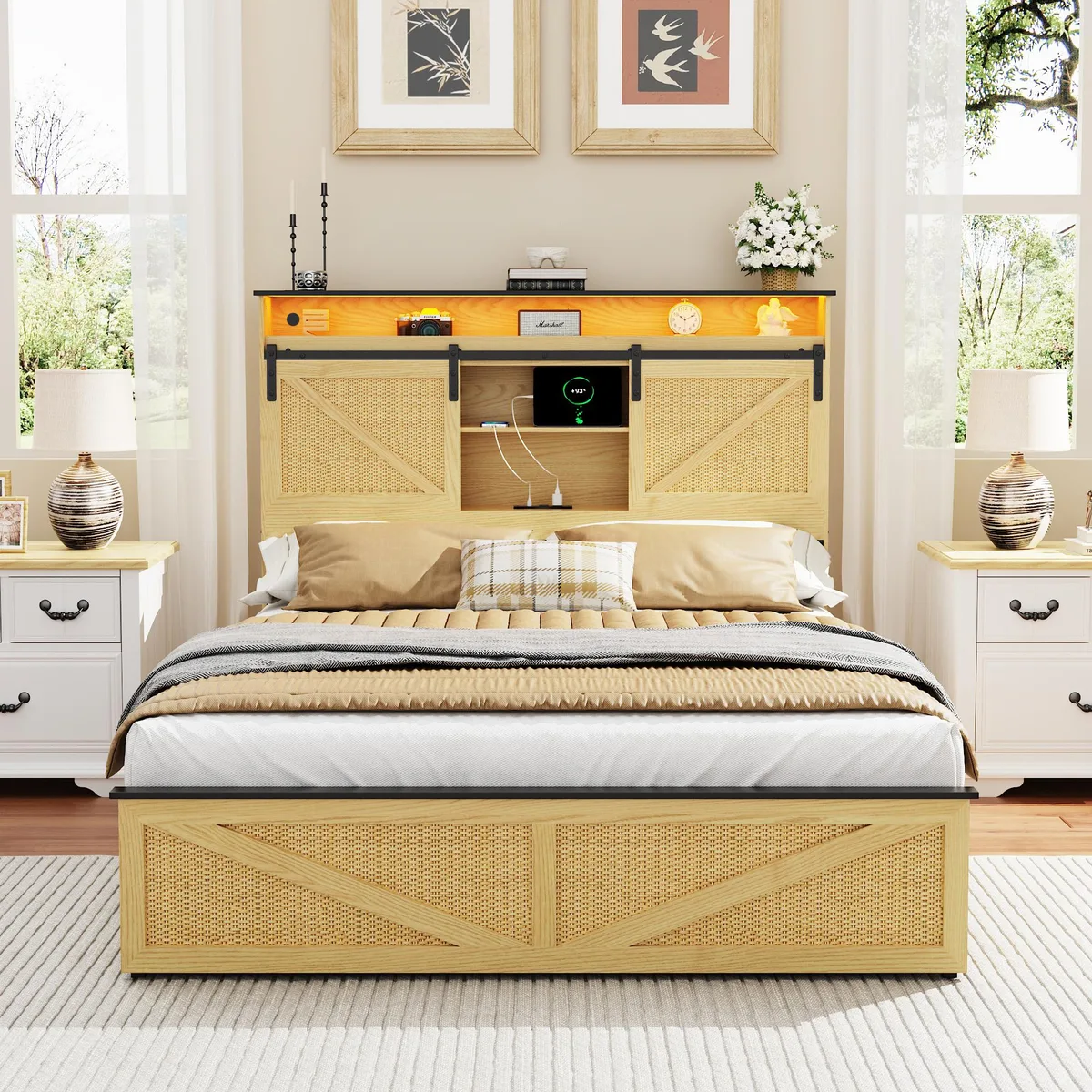tuphen tuphen Farmhouse Full Size Bed with Storage Headboard, Drawers, Charging Station, LED Lights, Natural — product photo
