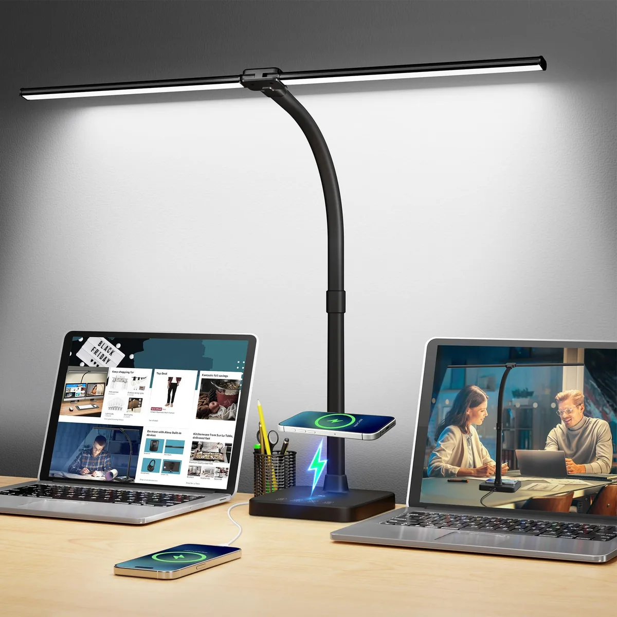 Orange double-head LED desk lamp with touch control, wireless charging pad and USB port