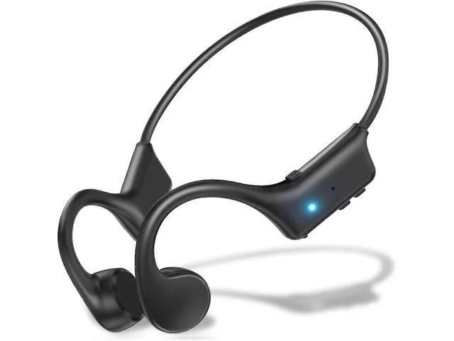 Black open-ear bone conduction headphones with flexible neckband and over-ear loops